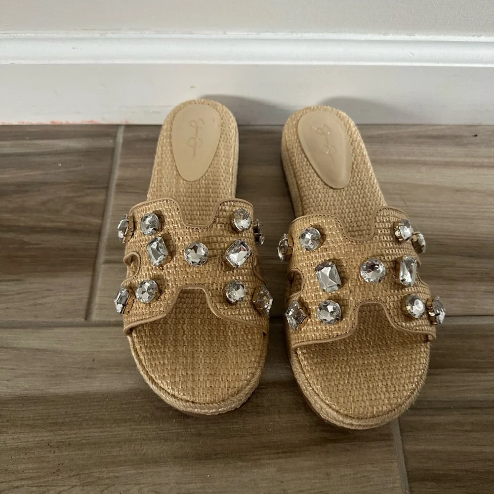 Jessica Simpson Danalea Natural Beige Raffia Embellished Slide Sandals